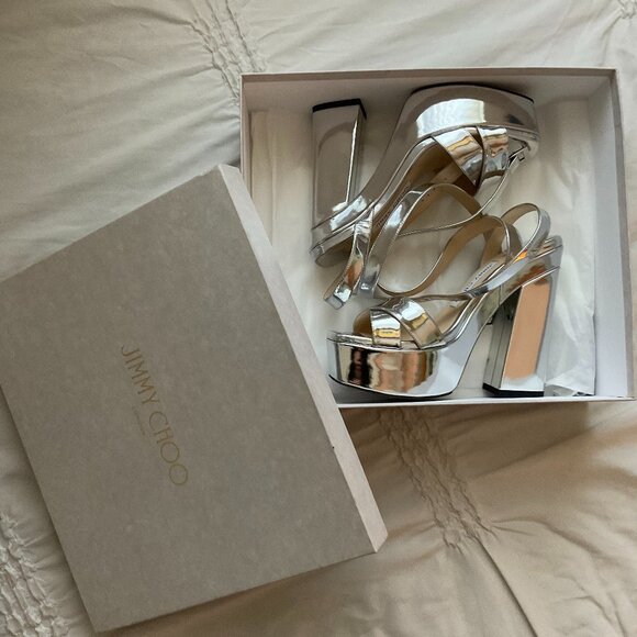 Jimmy Choo Gaia 140 Silver Liquid Metal Leather Platform Sandals - Picture 1 of 9